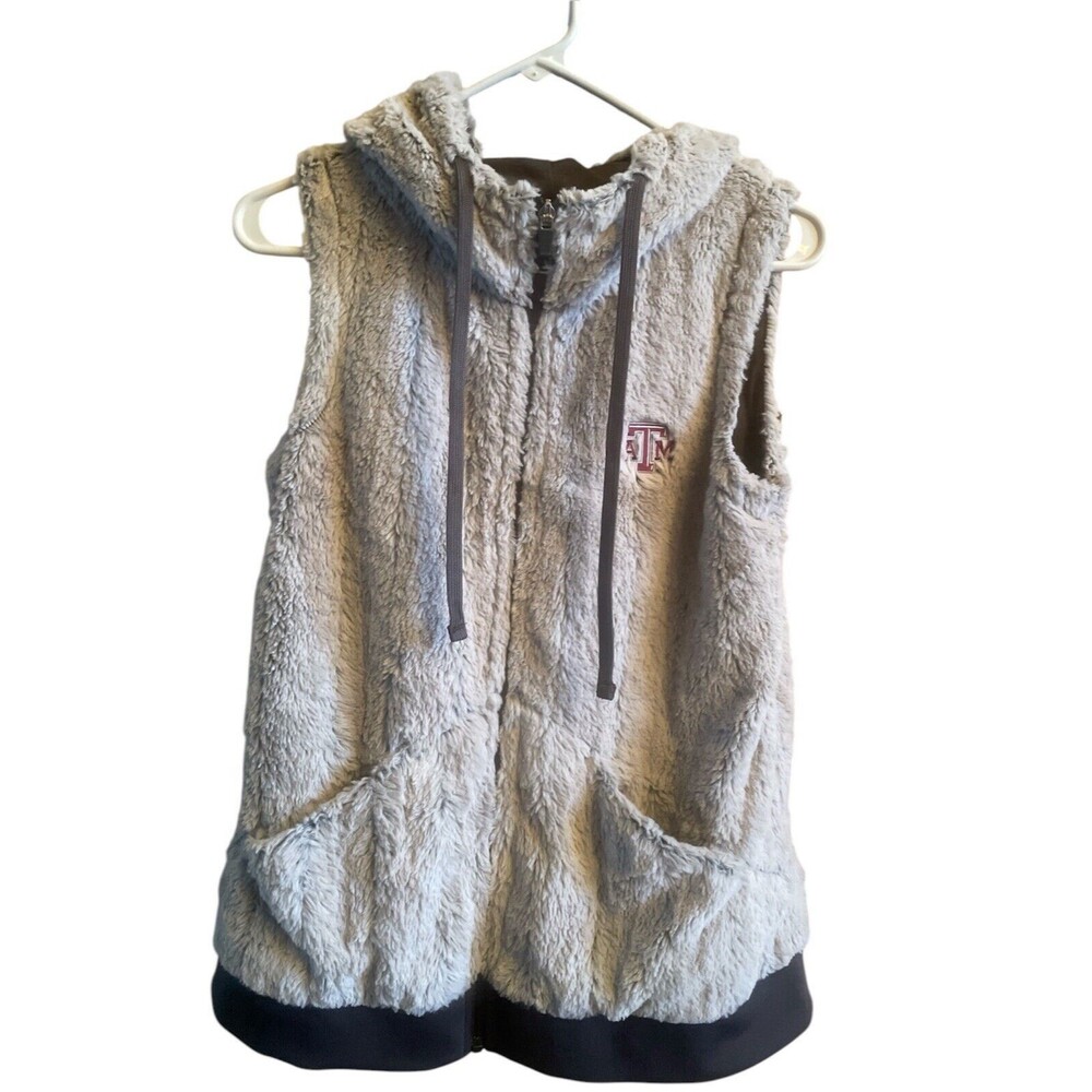 Women’s Texas A&M Hooded Full Zip Vest Soft Fuzzy Two Tone Grey Size Medium